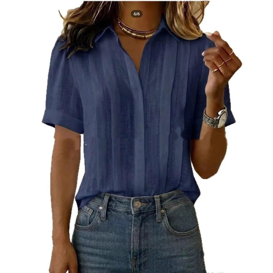 Turn-down Collar, Short-sleeve, Loose-fit Pleated Cotton Shirt