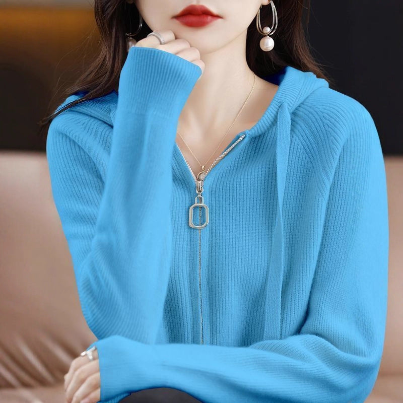 Womens Loose-Fit Zip-Up Hooded Outer Sweater