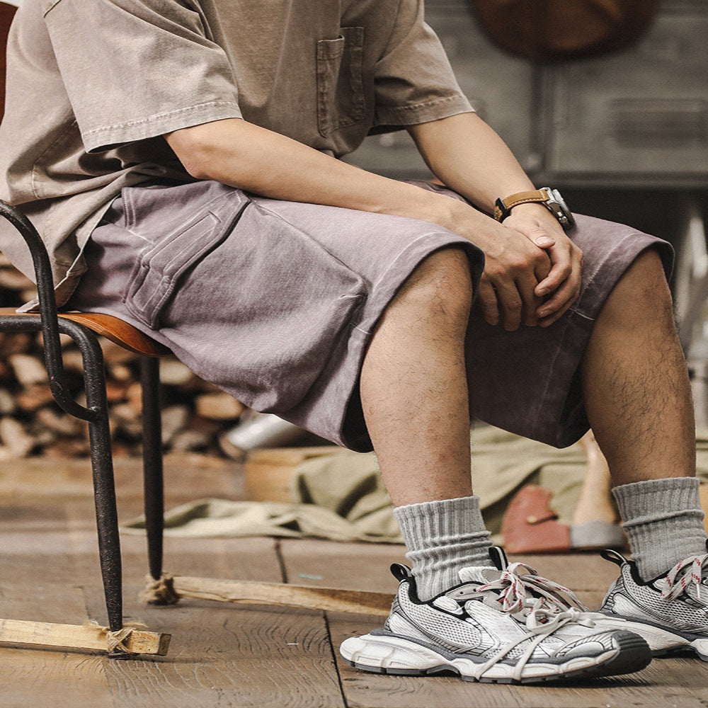 American Retro Dirty Dyed Workwear Shorts Men's Summer