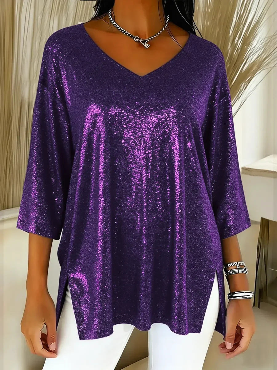 Womens Solid-Colored Loose V-Neck Cropped-Sleeve Split Top