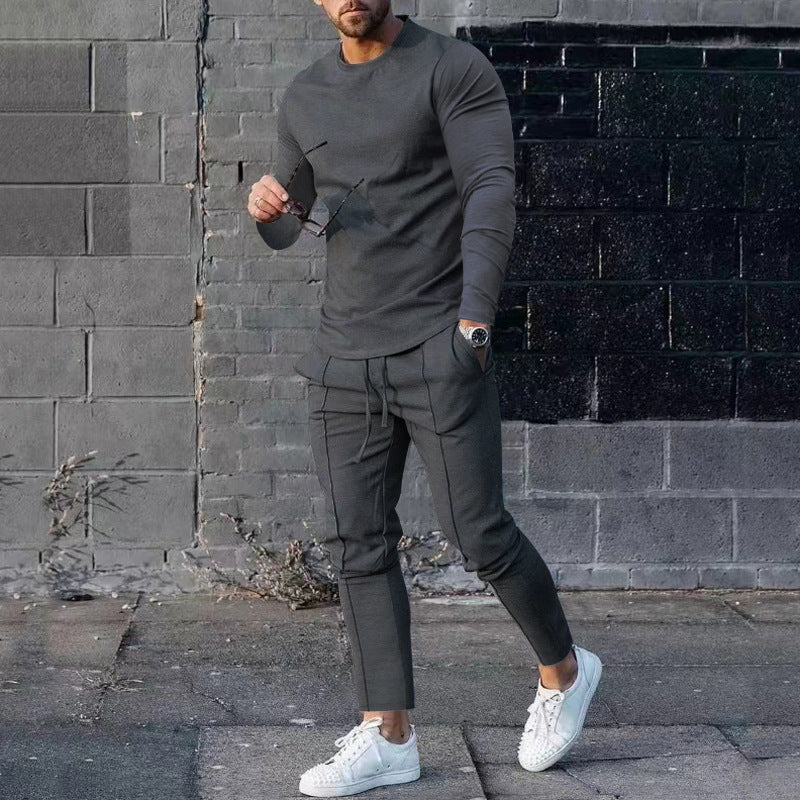 Spring Round Neck Long Sleeve T-shirt Trousers Solid Color Men's Two-piece Suit