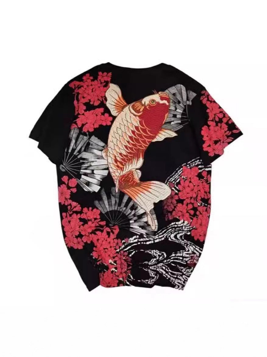 Chinese Style Tattoo Short Sleeve T Embroidered Carp