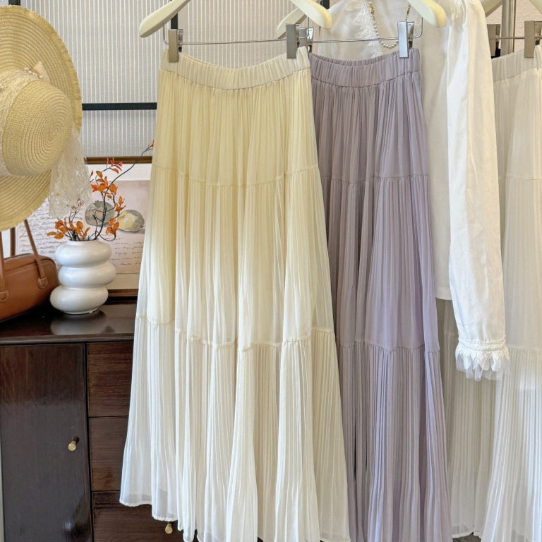 Womens Solid-Colored French-Style Retro Elegant Pleated High-Waist Skirt