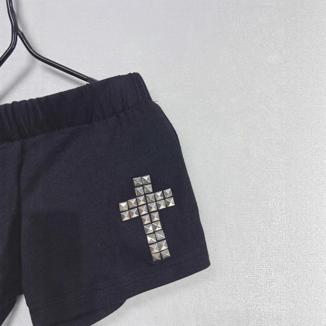 Womens Black Cross Design Comfortable Elastic-Waist Bodycon Ultra-Short Shorts