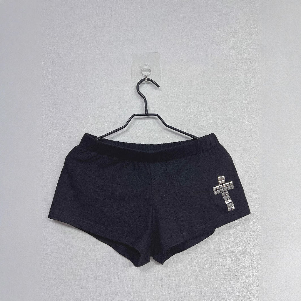 Womens Black Cross Design Comfortable Elastic-Waist Bodycon Ultra-Short Shorts