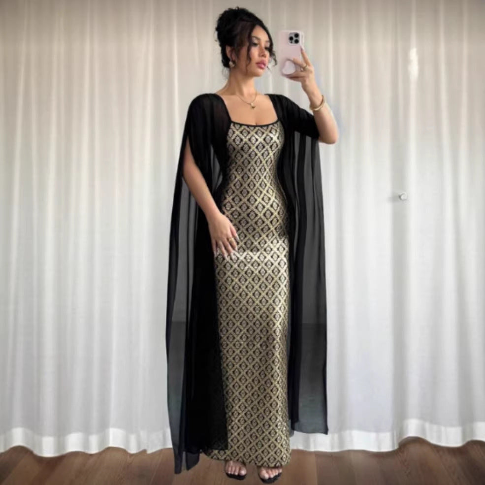 Womens Retro, Opulent Square-Neck Backless Elegant Muslim Dress For Banquets And Parties