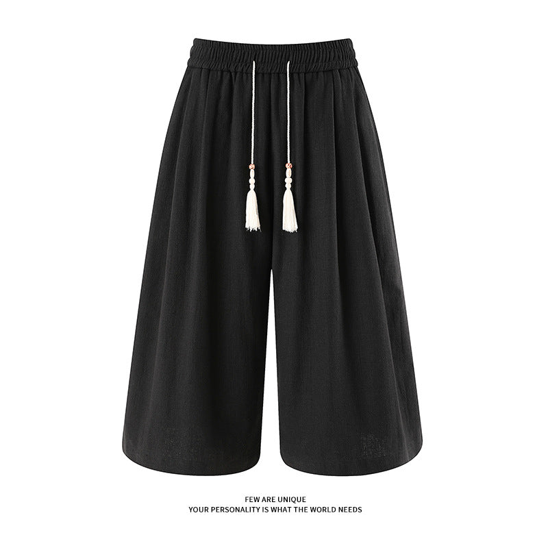 Retro Cotton-linen Wide-leg Casual Capri Pants