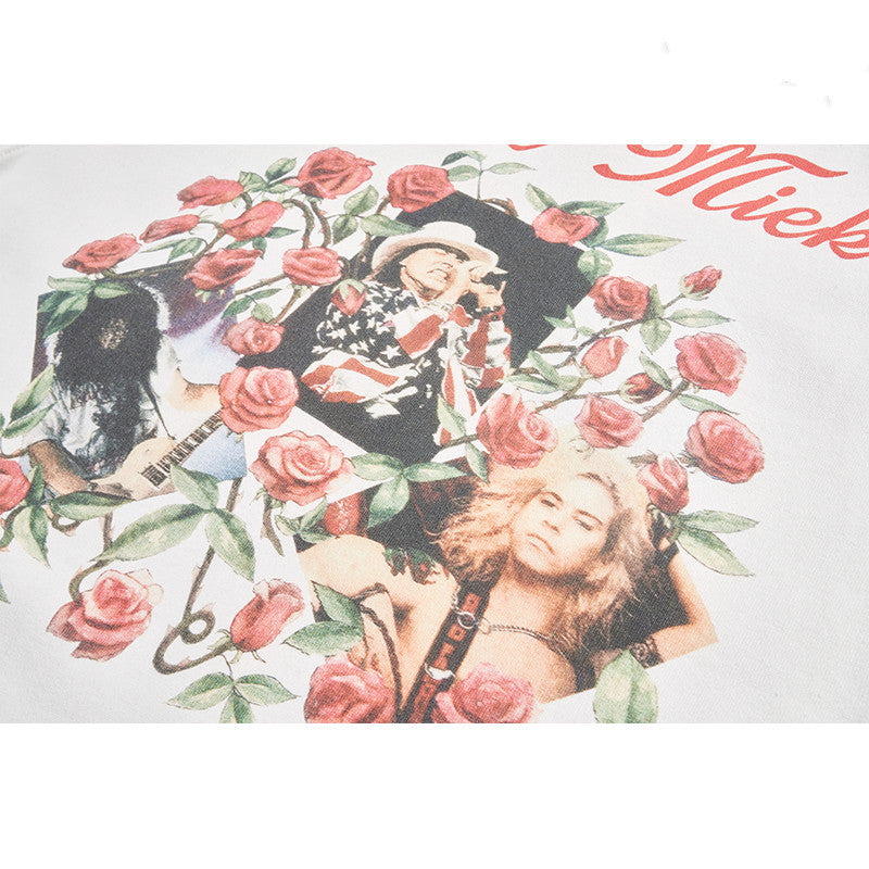 American Retro Hip Hop Rose Embroidered Short Sleeve T-Shirt