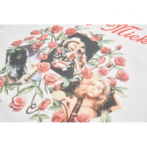 American Retro Hip Hop Rose Embroidered Short Sleeve T-Shirt