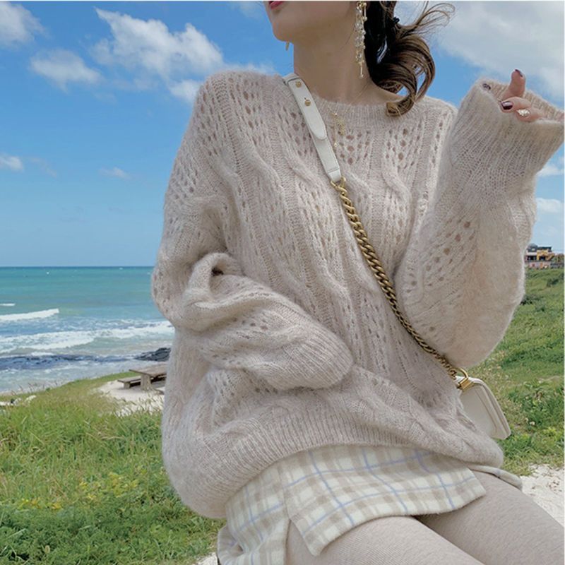 Laid-back Versatile Loose-fitting Openwork Knit Topultrathin