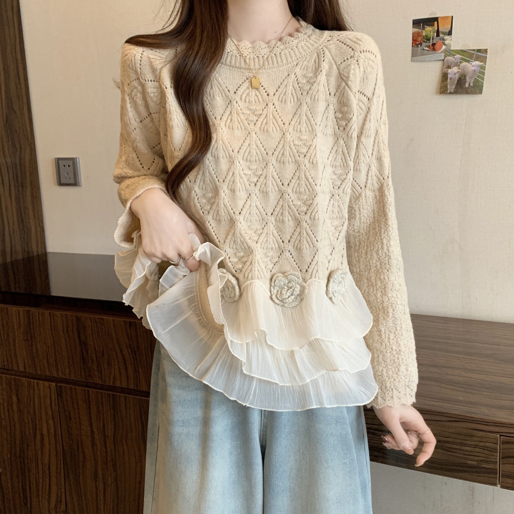 Women's Casual Loose Slimming Rose Lace Edge Sweater