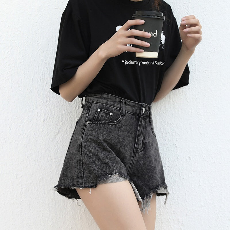Black And Gray Ripped-out Denim Hot Pants