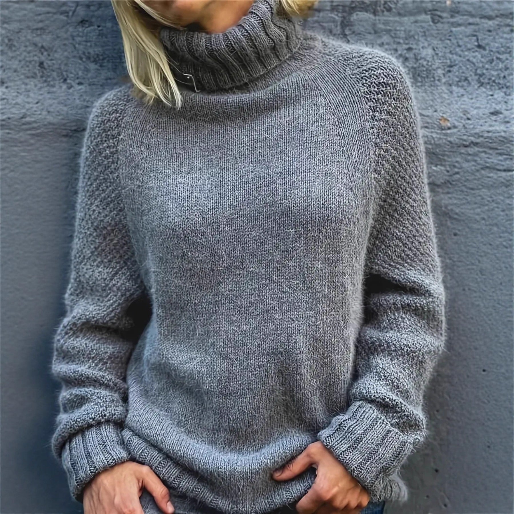 Womens Fashion Long-Sleeve Solid-Color Plus-Size Knitted Sweater