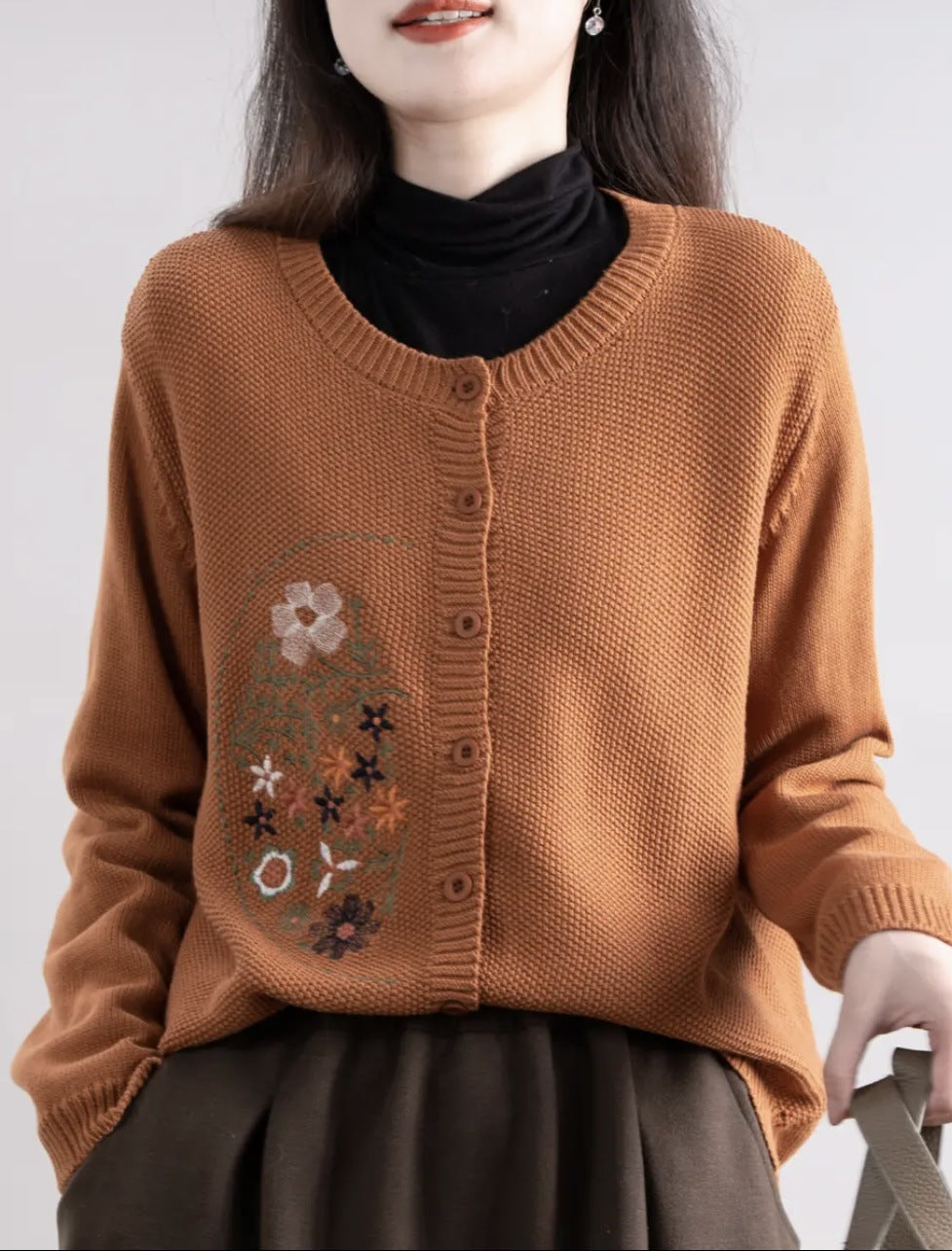 Chinese-style Corn-stitch Cotton Knit Cardigan Sweater For Women