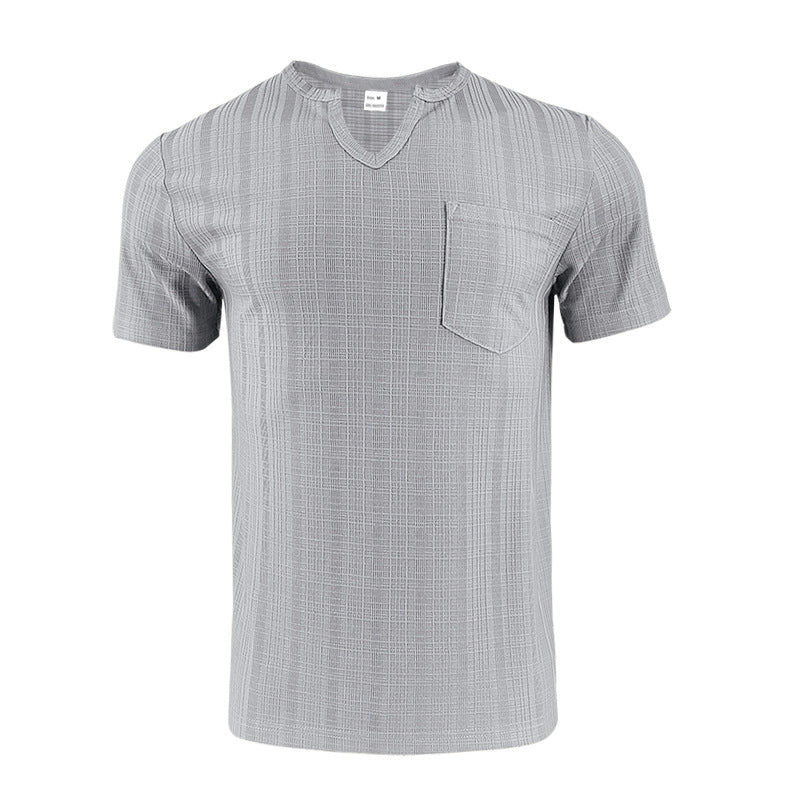 Men's Artificial Linen Bamboo Loose Casual Breathable V-neck Solid Color Short Sleeve