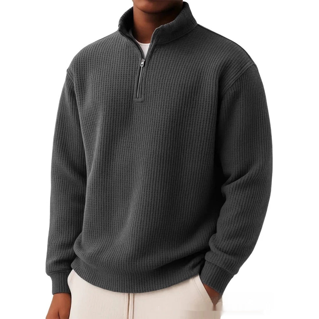 Men's Autumn And Winter Solid Color Loose Casual High-quality Waffle Long-sleeved POLO Shirt