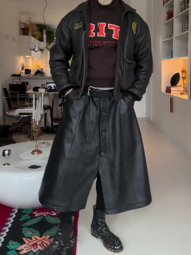 Black Leather Wide-Leg Midi Skirt