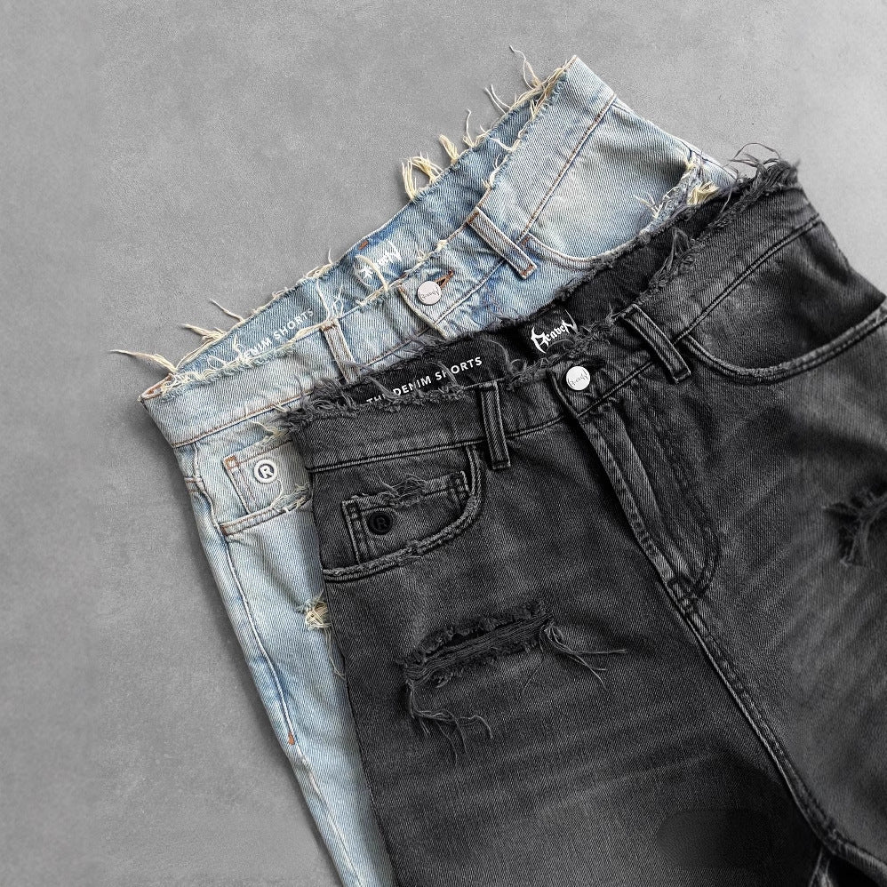 Gothic Style Men's Street Hip-hop Ripped Black Punk Washed Denim Shorts
