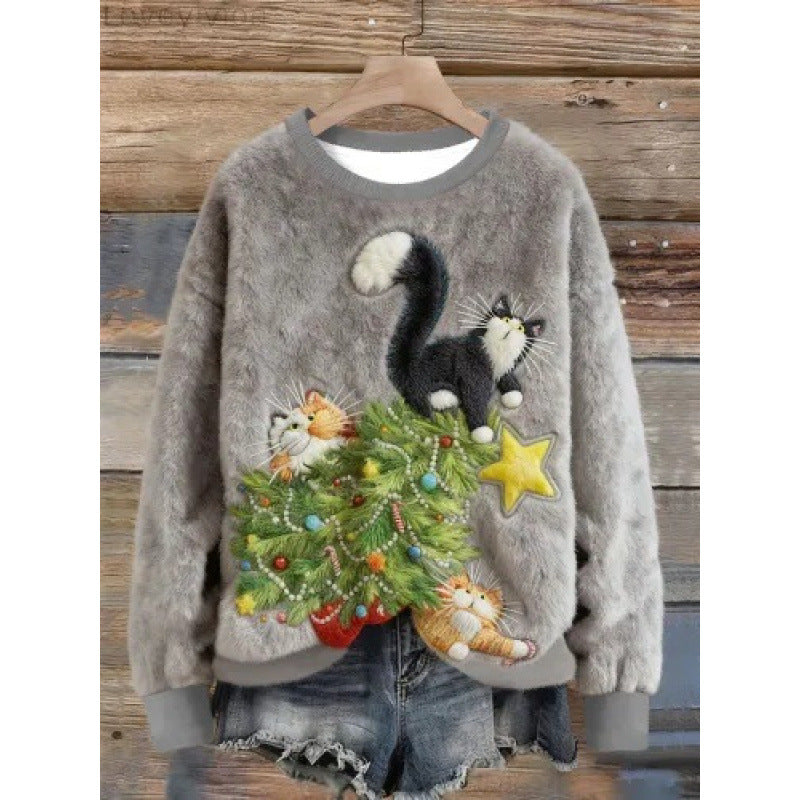 Womens Autumn Winter Christmas Cartoon Puppy Crew-Neck Sweatshirt