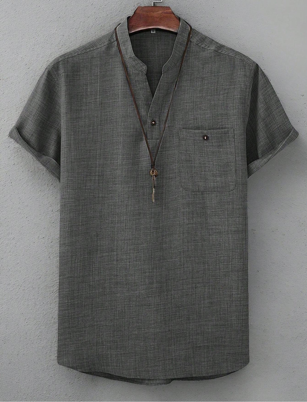 Mens Casual Short-sleeve Solid-color Shirt With A Turn-down Collar