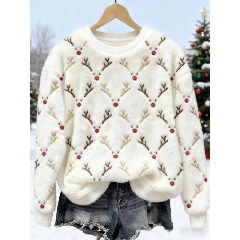 Womens Autumn Winter Christmas Cartoon Puppy Crew-Neck Sweatshirt