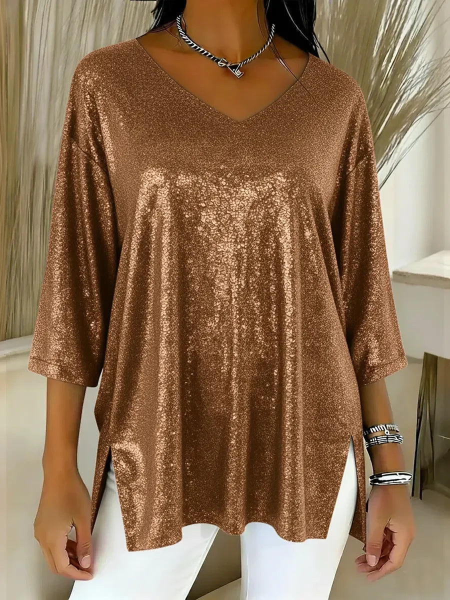 Womens Solid-Colored Loose V-Neck Cropped-Sleeve Split Top