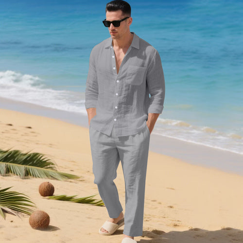 Beach Leisure Loose Collar Shirt Long Sleeve Pants Set