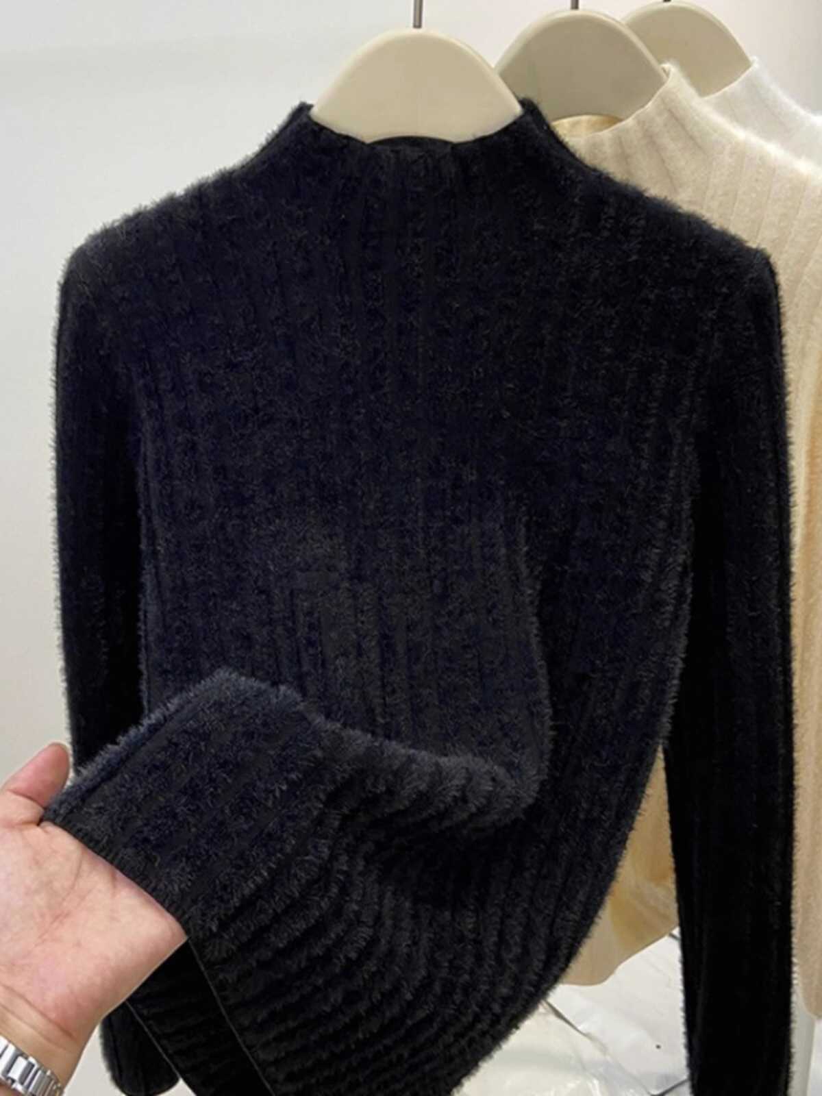 Mink-wool Knitted Mock-neck Base Layer For Spring And Autumn