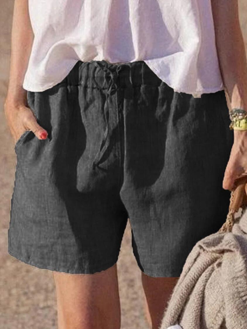 Solid-color Loose Cotton-linen Casual Pants Elastic Waistband With Tie-string Shorts