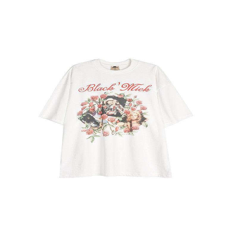 American Retro Hip Hop Rose Embroidered Short Sleeve T-Shirt