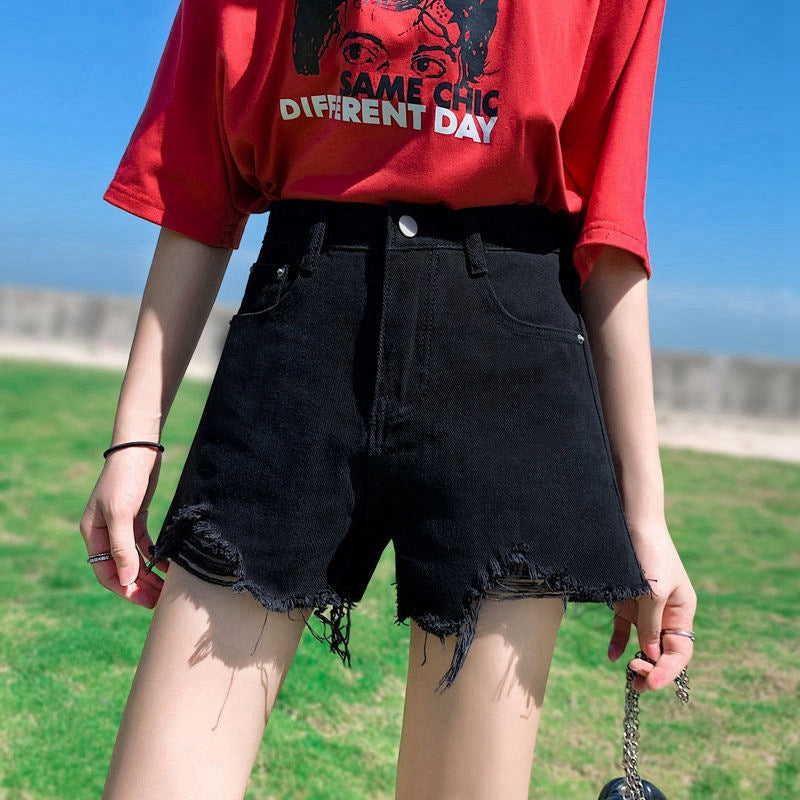 Black And Gray Ripped-out Denim Hot Pants