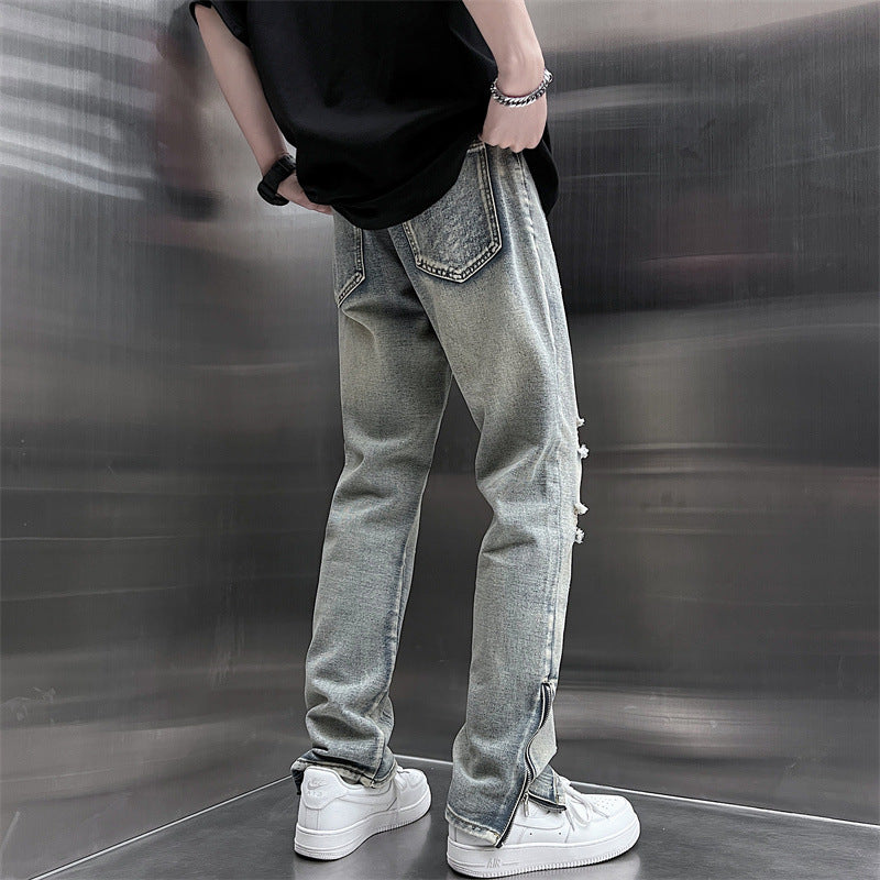 Mens SpringSummer Loose-Fit Denim Jeans With A Side Zipper