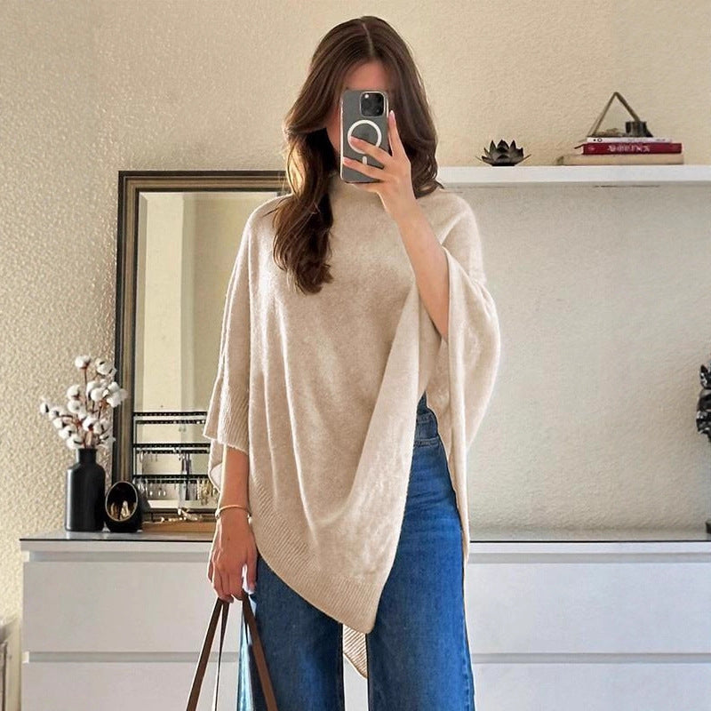Shawl-Neck Sweater Irregular Wool Knitted Cape