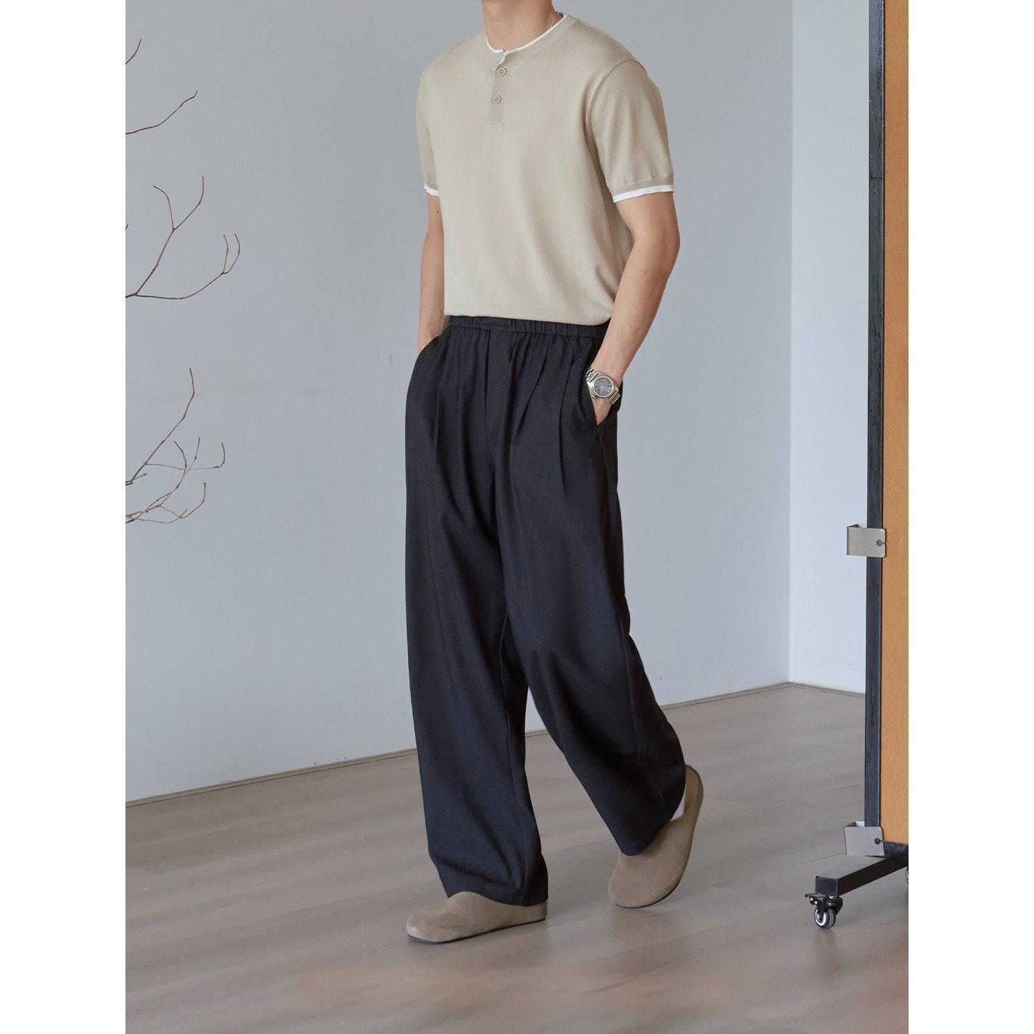 Mens Wide Leg Relaxed Fit Straight Leg Casual Pants