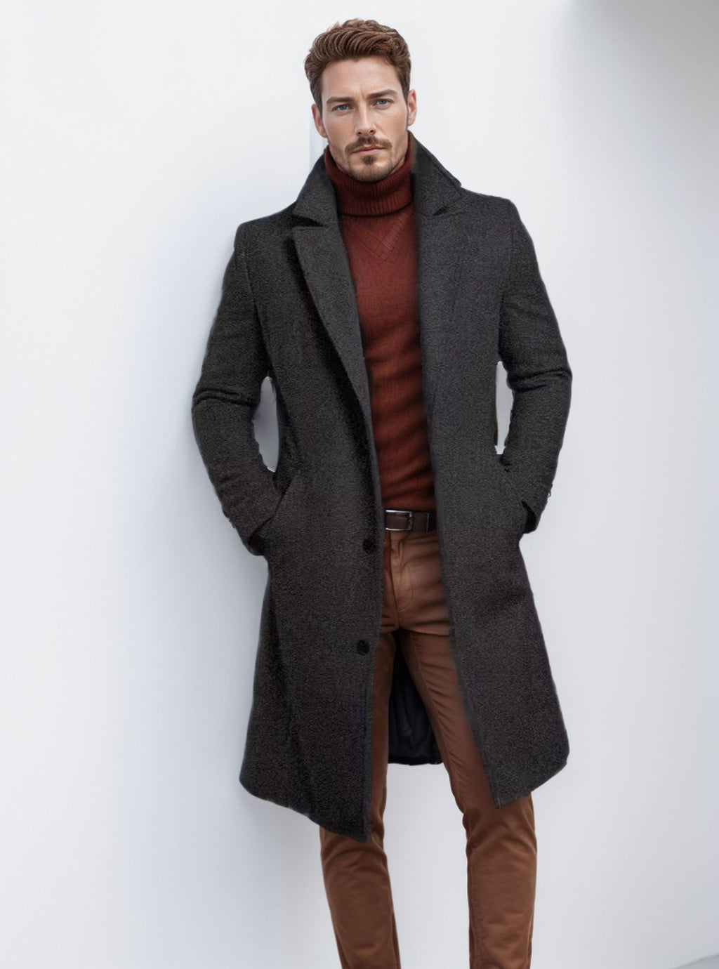 Knee-length Men's Solid Color Business Mid-length Trench Coat