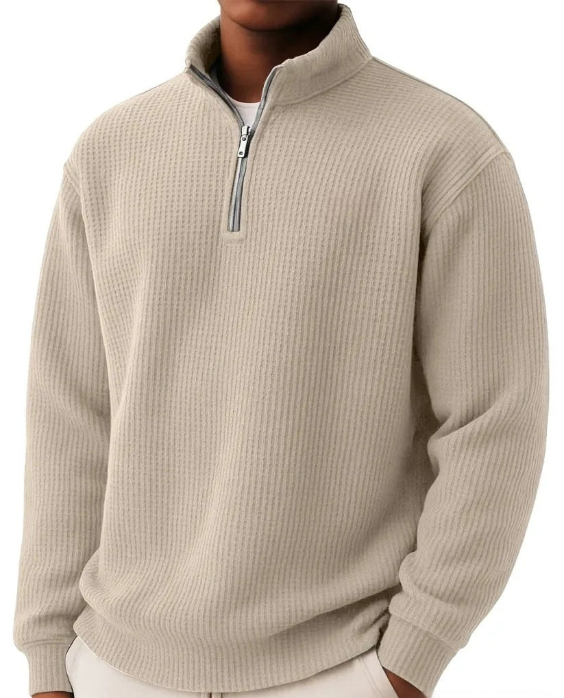 Men's Autumn And Winter Solid Color Loose Casual High-quality Waffle Long-sleeved POLO Shirt