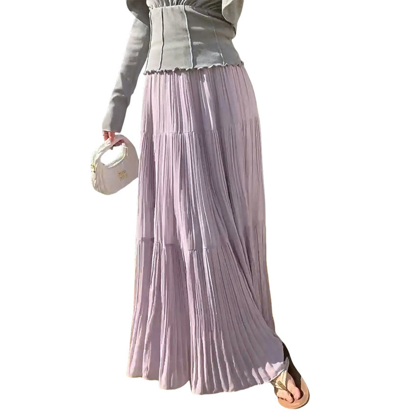 Womens Solid-Colored French-Style Retro Elegant Pleated High-Waist Skirt