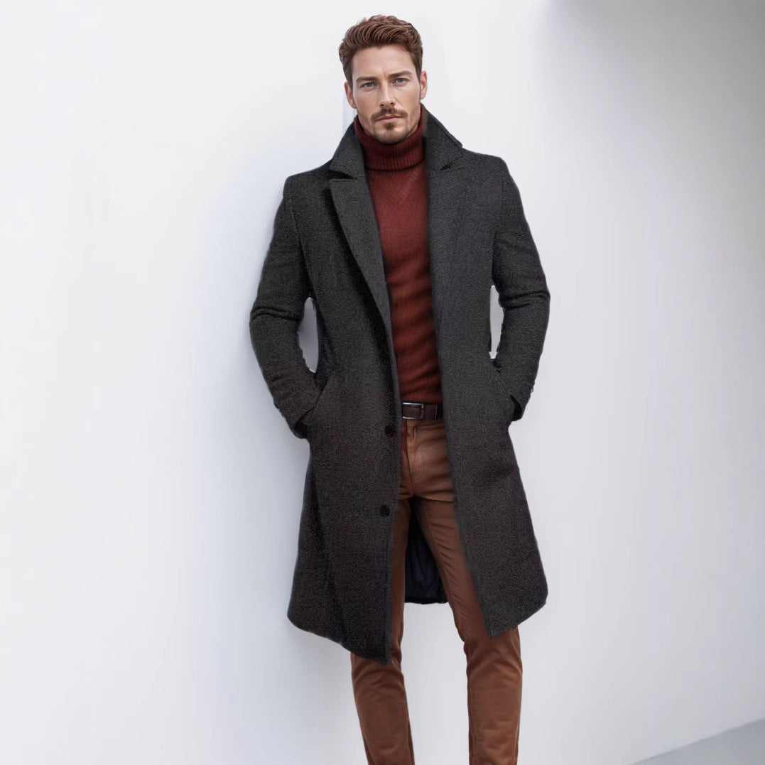 Knee-length Men's Solid Color Business Mid-length Trench Coat