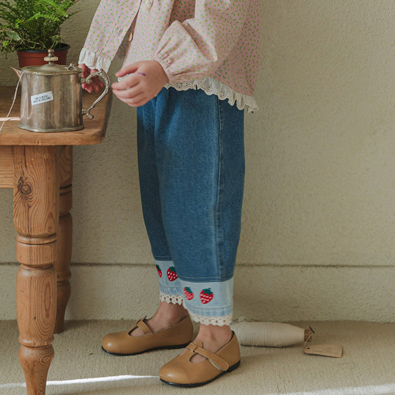 Sweet Lace Patchwork Embroidered Strawberry Casual Jeans