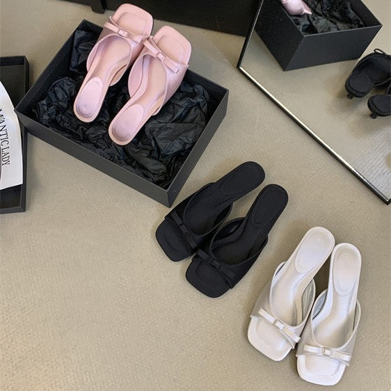 French-style Sophisticated Bow-tie Square-toe Open-toe Stiletto Sandals For Women