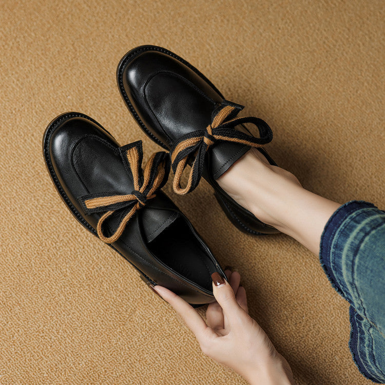 Womens Simple Retro Bow-Heeled Pumps