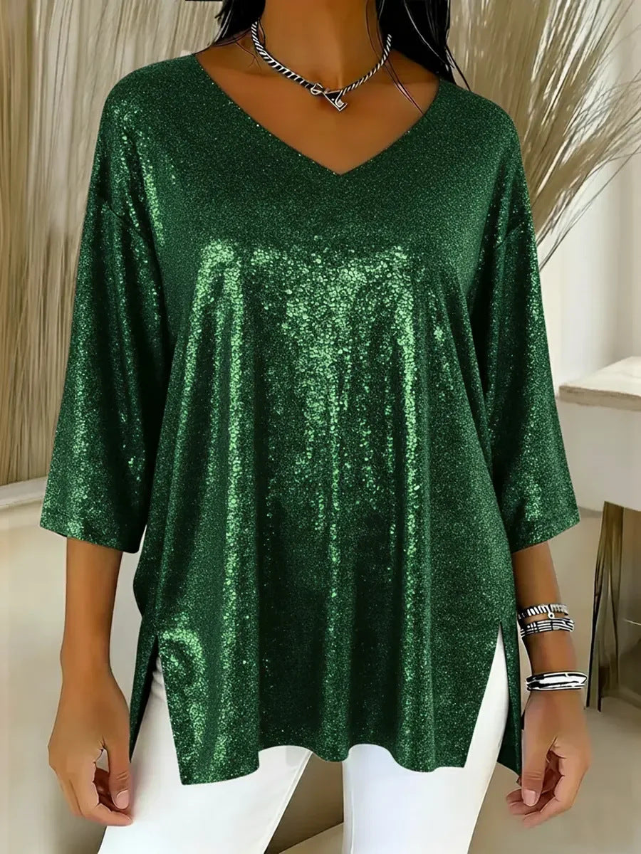 Womens Solid-Colored Loose V-Neck Cropped-Sleeve Split Top