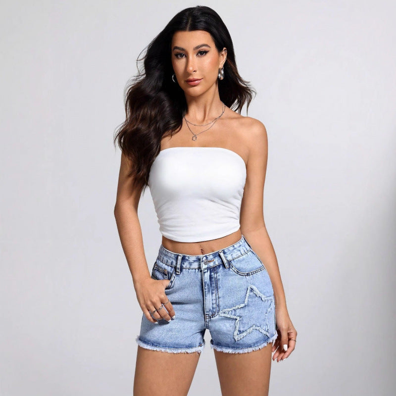 Womens Casual Stylish Raw-edge Star Denim Shorts