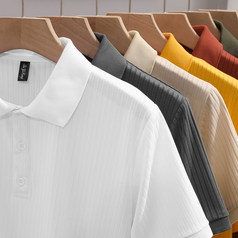 Mens Solid-Colored Slim-Fit Business-Style Fashionable Lapel Shirt With Short Sleeves
