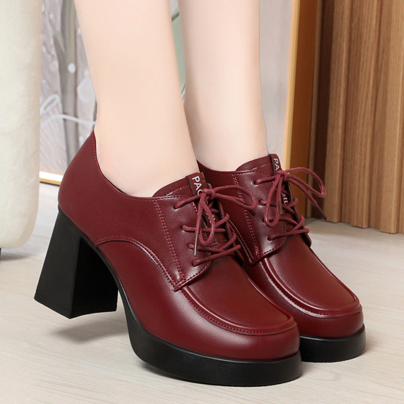 New Spring Autumn Lace-Up Deep-V Shallow-Shoe Soft Leather Chunky Heel Platform Elegant High Heels For Women