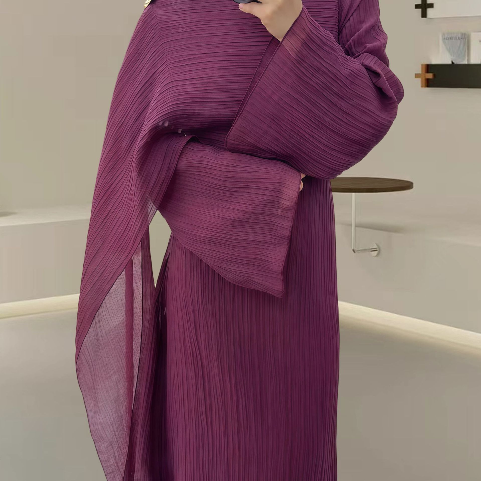 Women's Autumn Muslim Crew-Neck Pleated Long Skirt