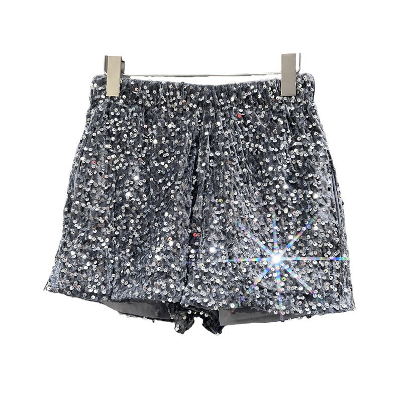 Suede Embroidered Beaded Gray Casual Shorts For Women