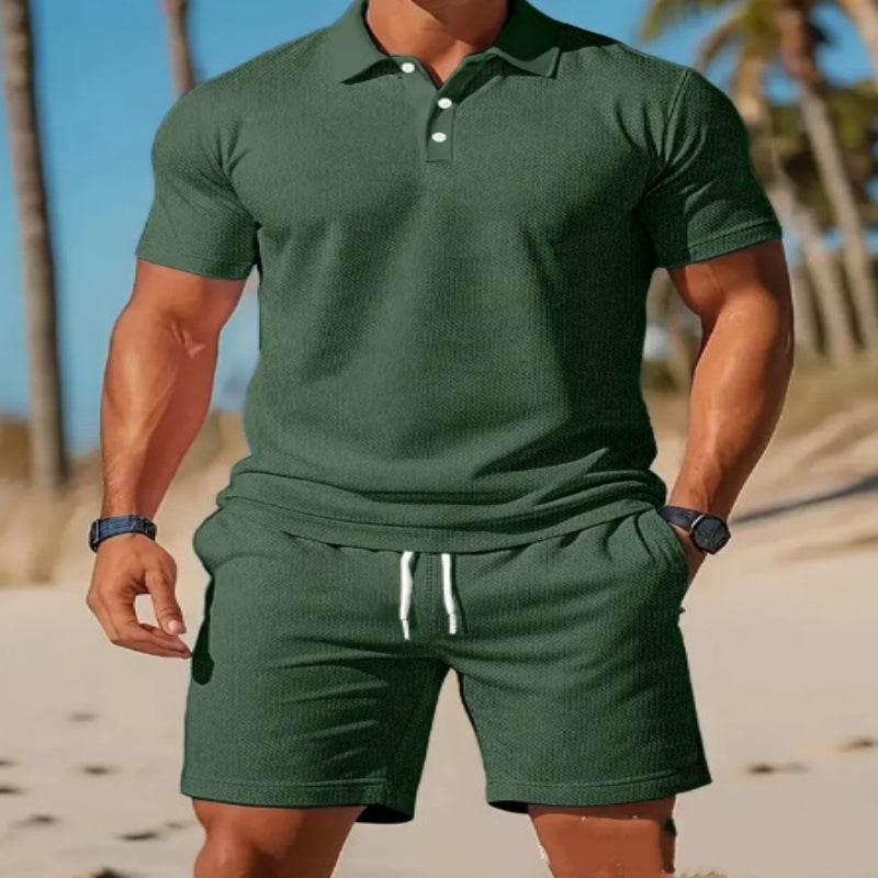 Men's Casual Beach Mesh Lapel Set Summer Comfortable Breathable Loose Solid-Color Sports Short-Sleeved Shirt And Shorts Set