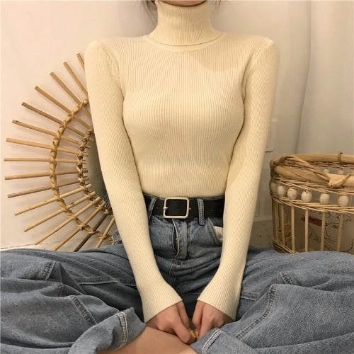 Slim-fit Solid-color Pullover Form-fitting Turtleneck Sweater