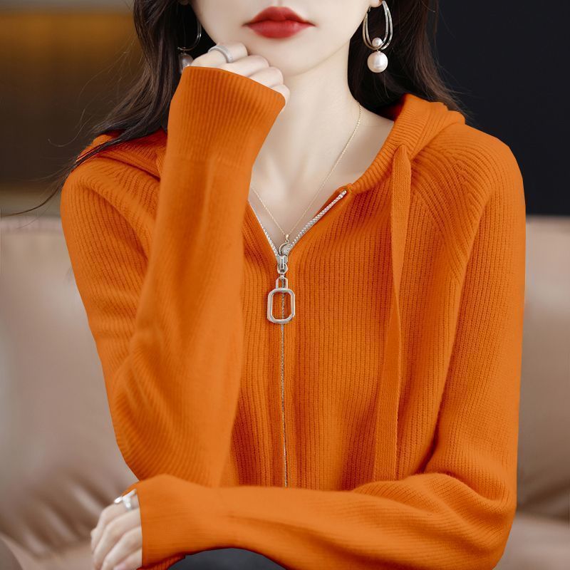 Womens Loose-Fit Zip-Up Hooded Outer Sweater